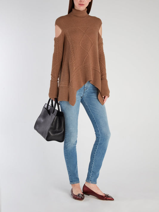 Brown Cut Out Turtleneck Sweater