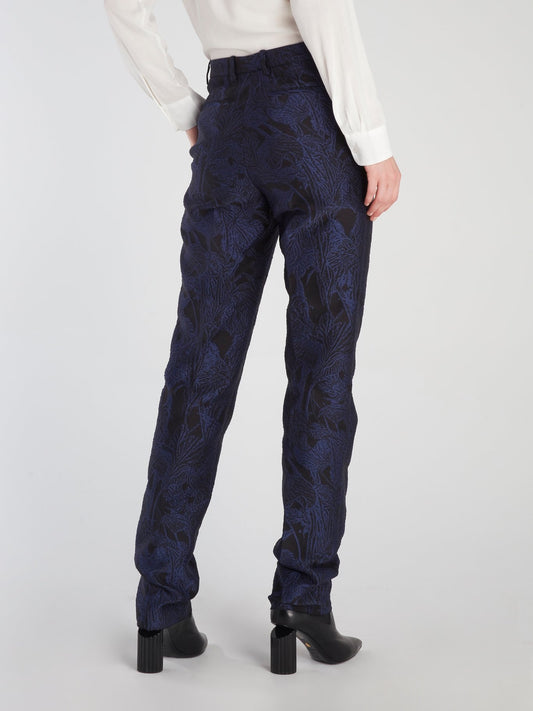 Темно-синие костюмные брюки с цветочным принтом