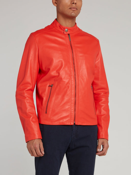 Orange Leather Biker Jacket