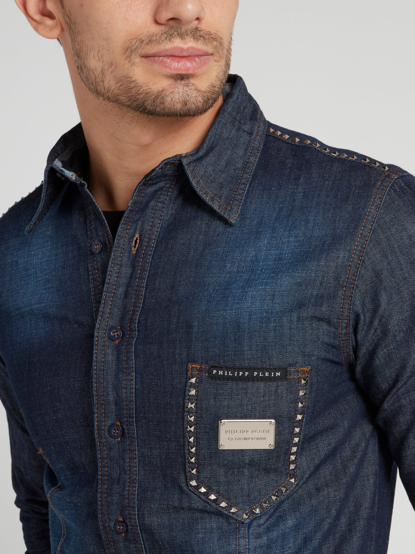 Navy Studded Denim Shirt – Maison-B-More Global Store