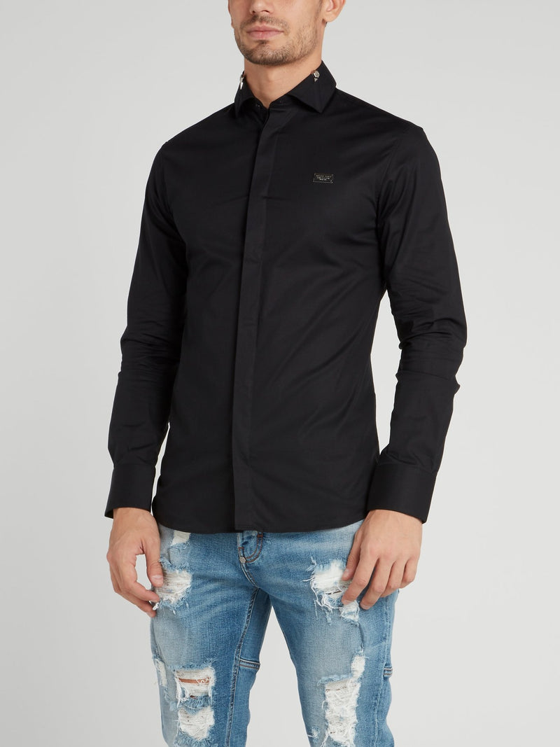 Black Embellished Collar Long Sleeve Shirt