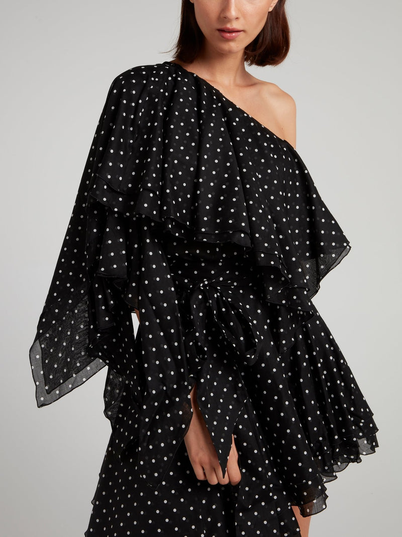 Black Asymmetric Polka Dot Mini Dress