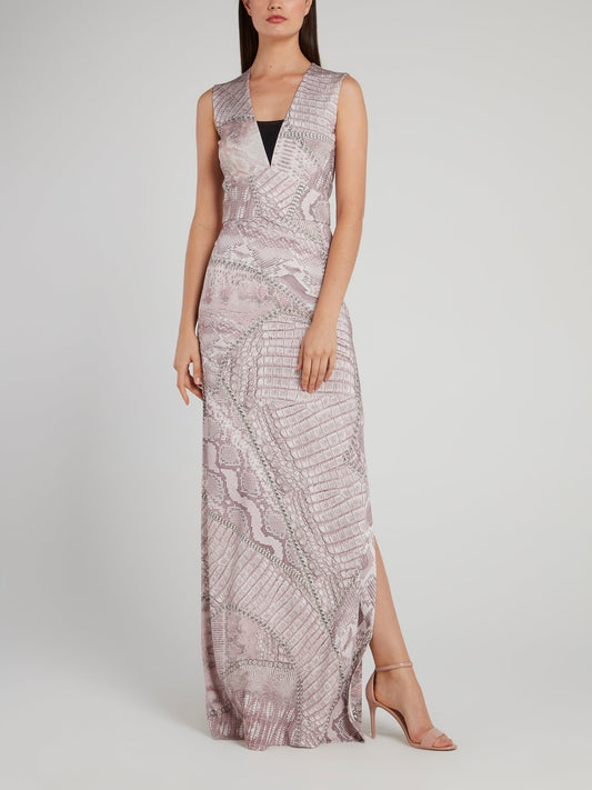 Фиолетовое платье-макси с эффектом змеиной кожи