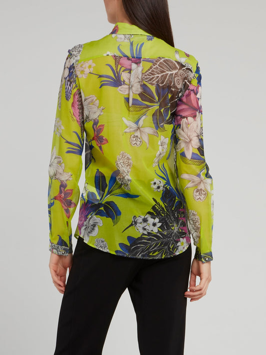 Рубашка цвета шартрёз с принтом "флора и фауна"