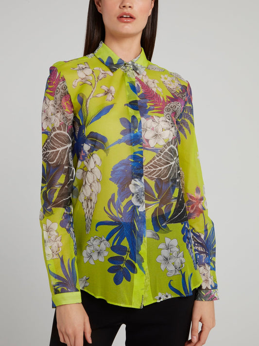 Рубашка цвета шартрёз с принтом "флора и фауна"
