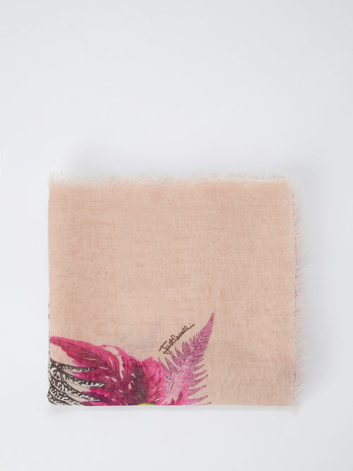Бежевый платок с цветочным рисунком и бахромой
