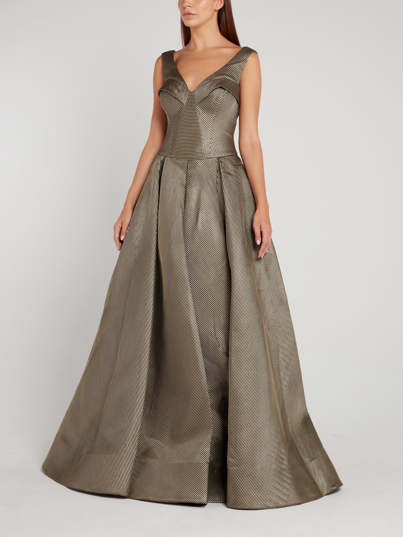 Gemy Metallic Pinstripe Pleated Maxi Dress 46 / Gold
