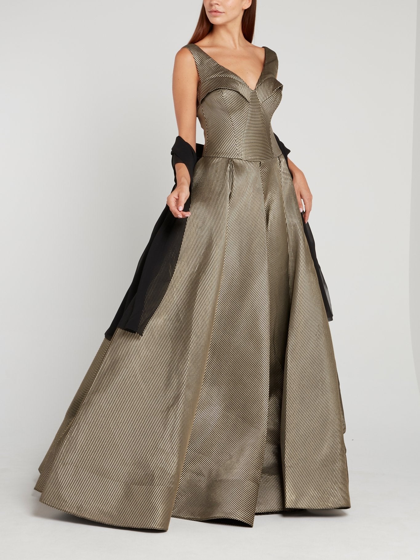 Metallic Pinstripe Pleated Maxi Dress