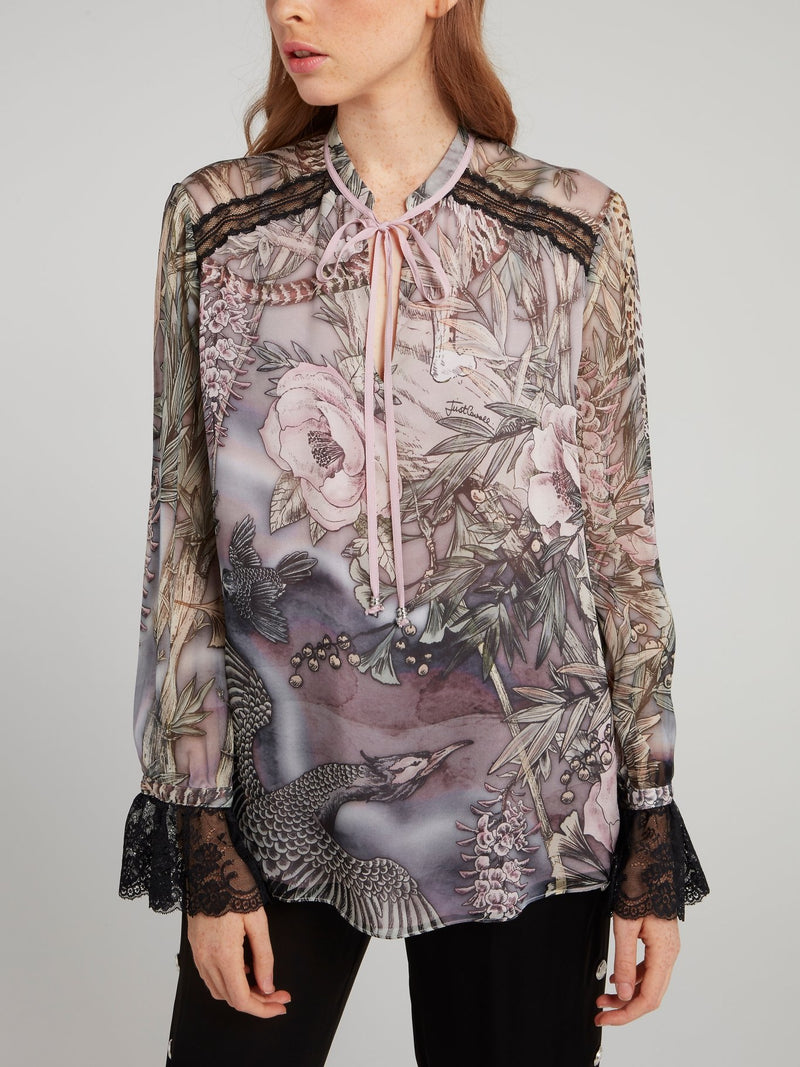 Блузка из шифона с цветочным принтом кружевными вставками