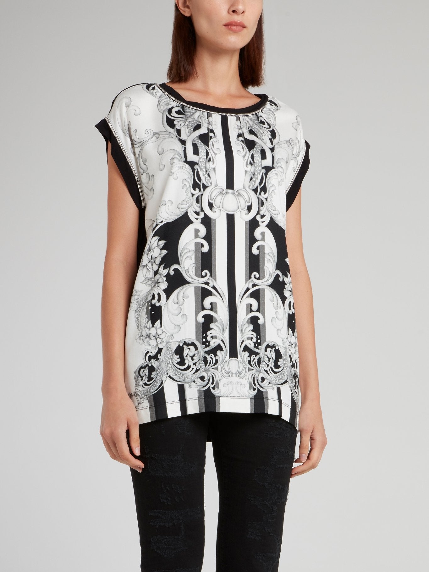 White Contrast Baroque Print Top