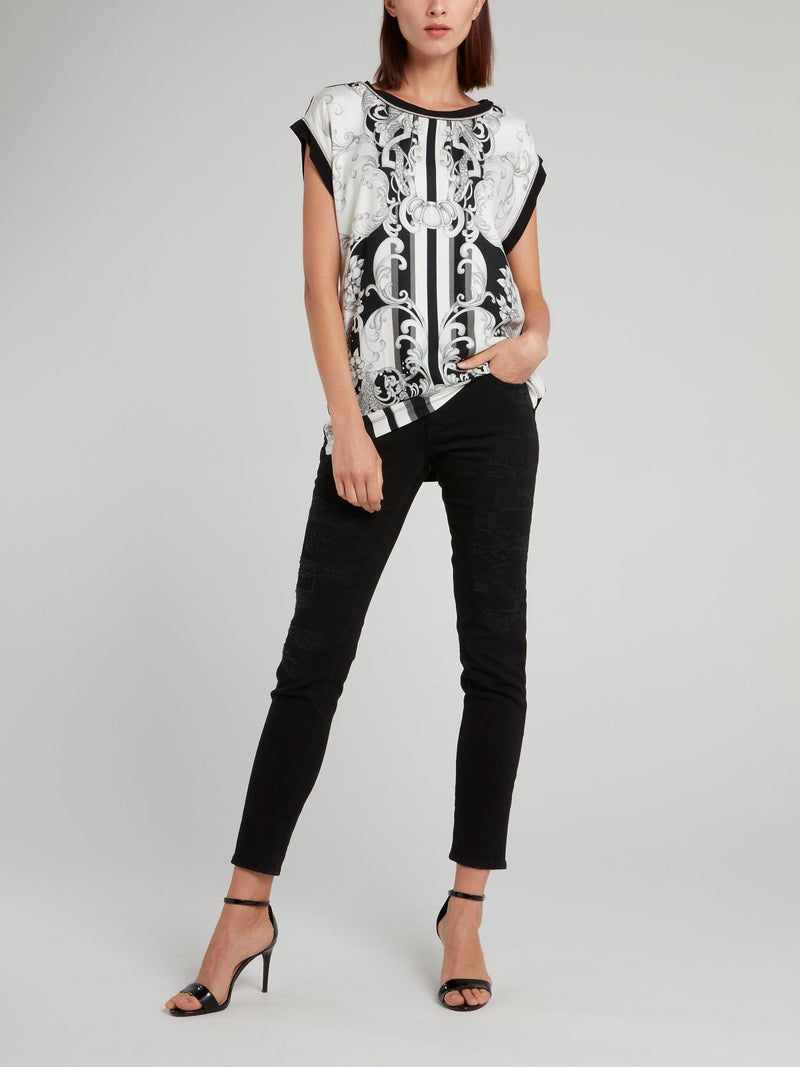 White Contrast Baroque Print Top