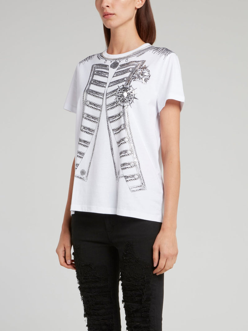 White Chain Embellished Printed Shirt