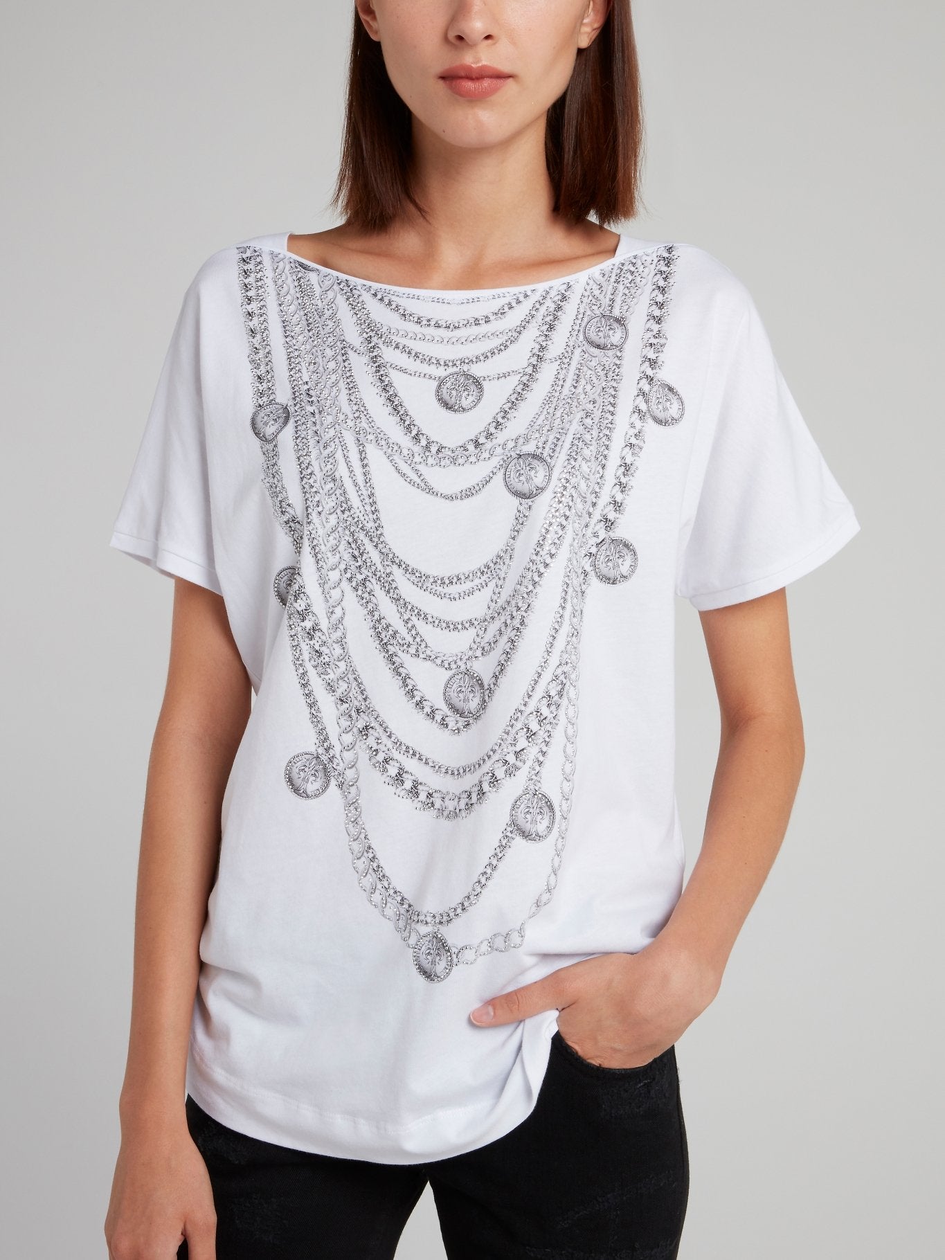 White Studded Chain Print T-Shirt