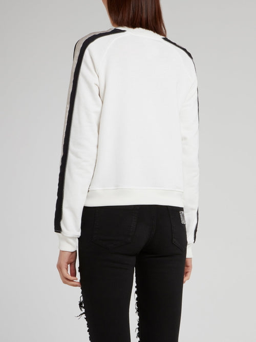 White Sleeve Stripe Appliquéd Sweatshirt