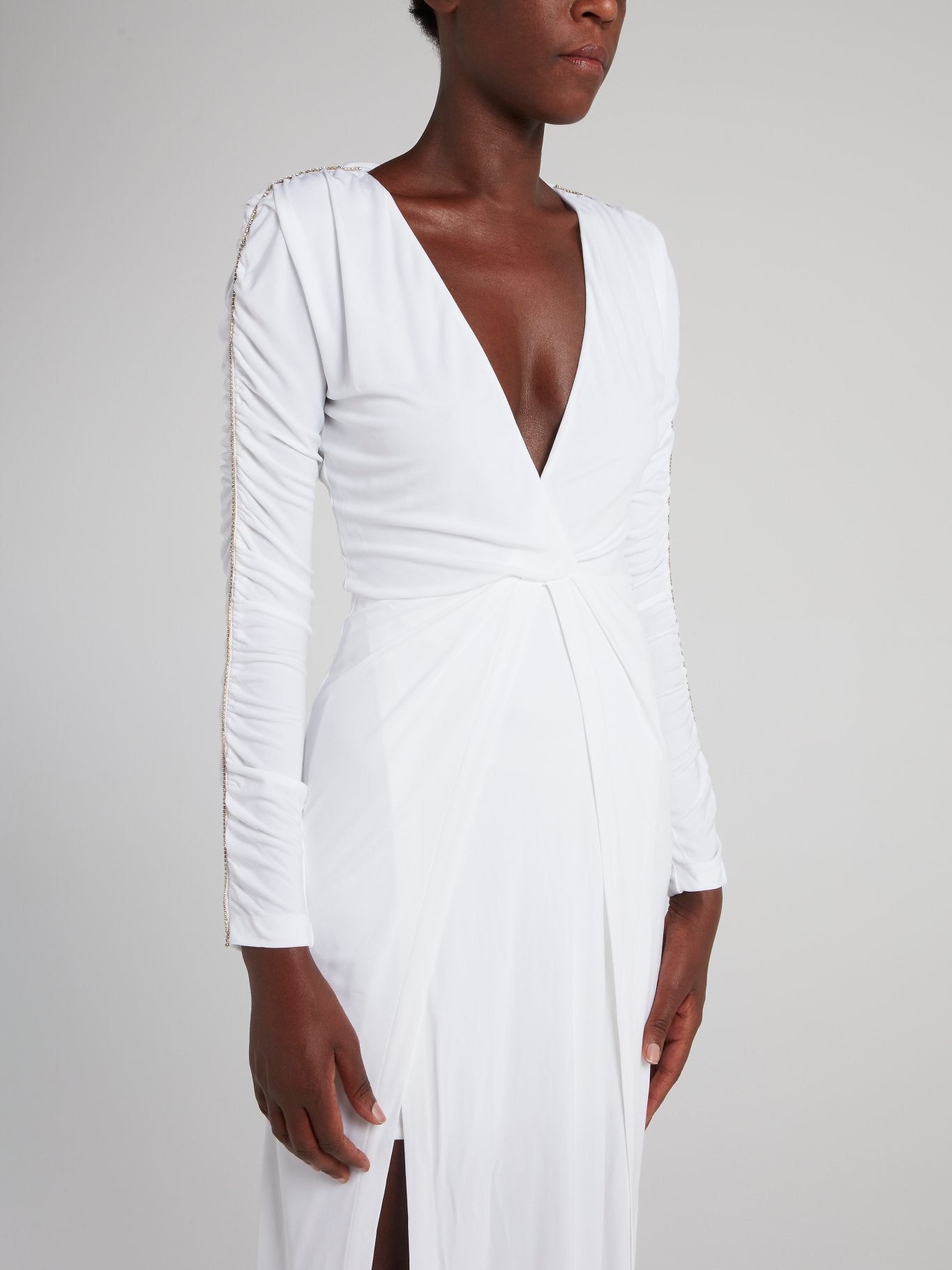 White Ruched Sleeve Maxi Dress