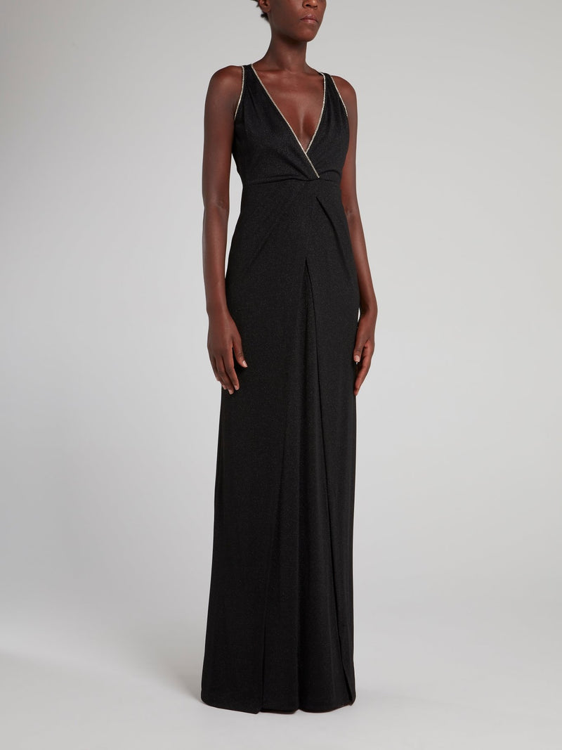 Черное блестящее платье-макси с разрезом