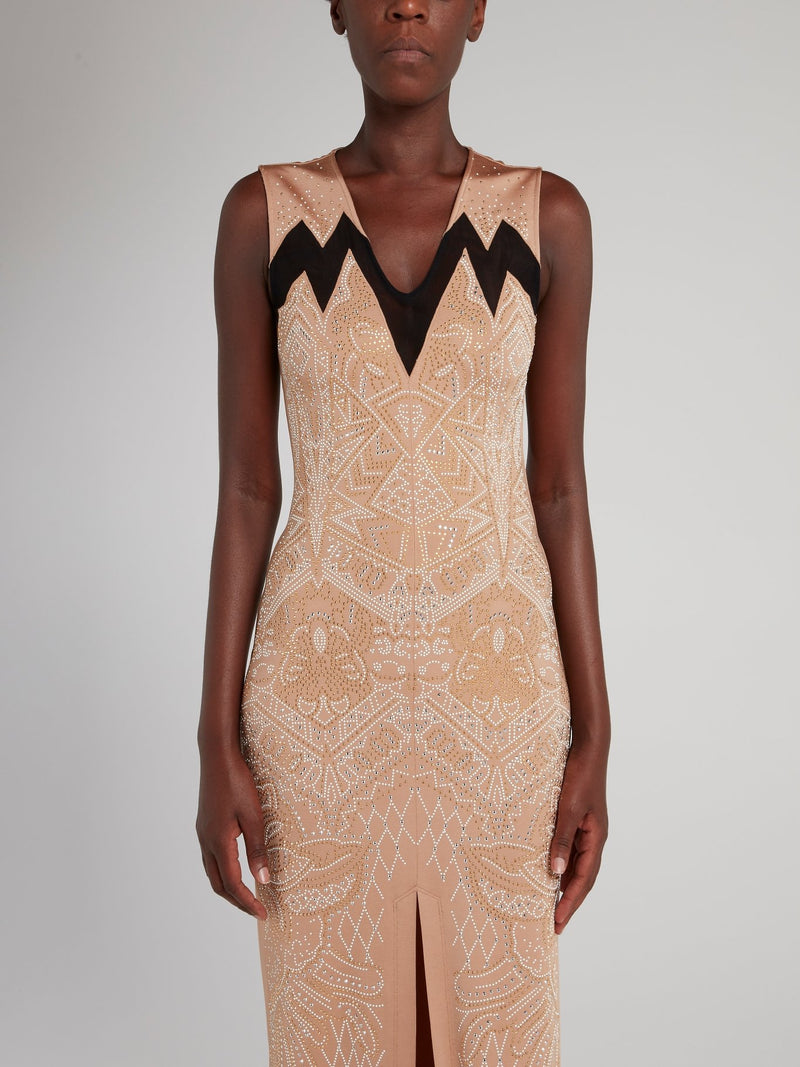 Beige Geometric Studded Slit Dress