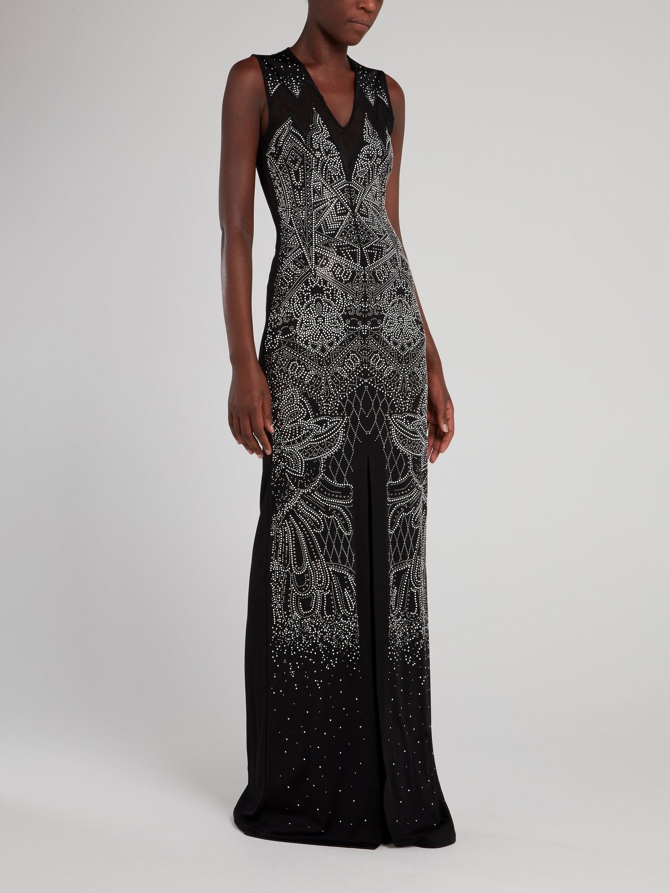 Black Geometric Studded Slit Dress