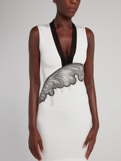 White Feather Detail Plunge Dress