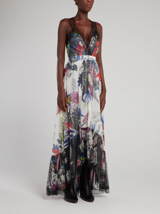 Lace Trim Tropical Maxi Dress