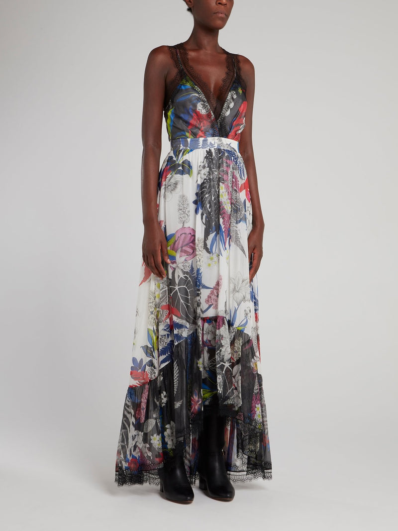 Lace Trim Tropical Maxi Dress
