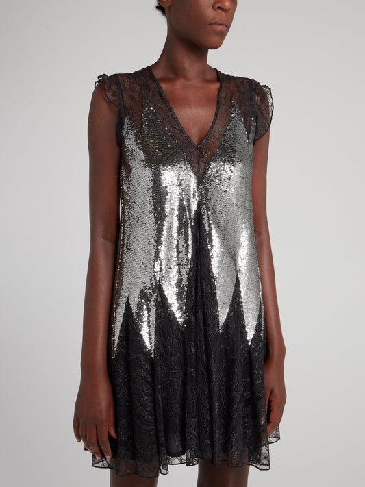 Платье-мини с металлическим эффектом, пайетками и кружевом