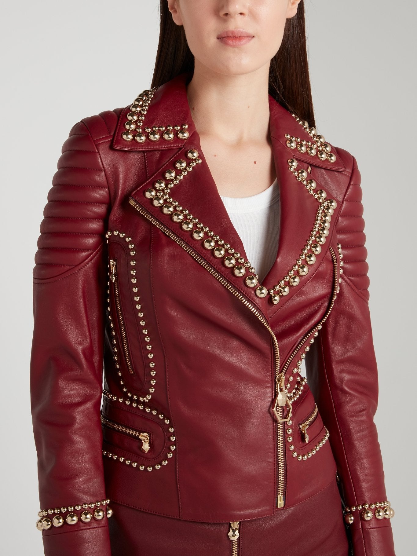 Denetra Embellished Leather Biker Jacket