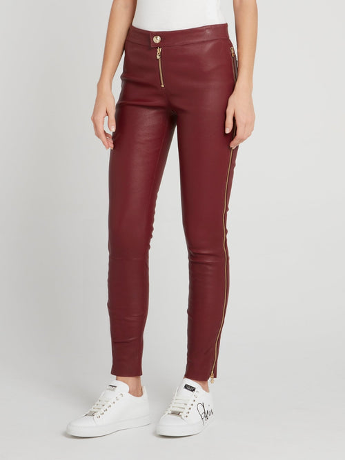 Burgundy Leather Slim Trousers