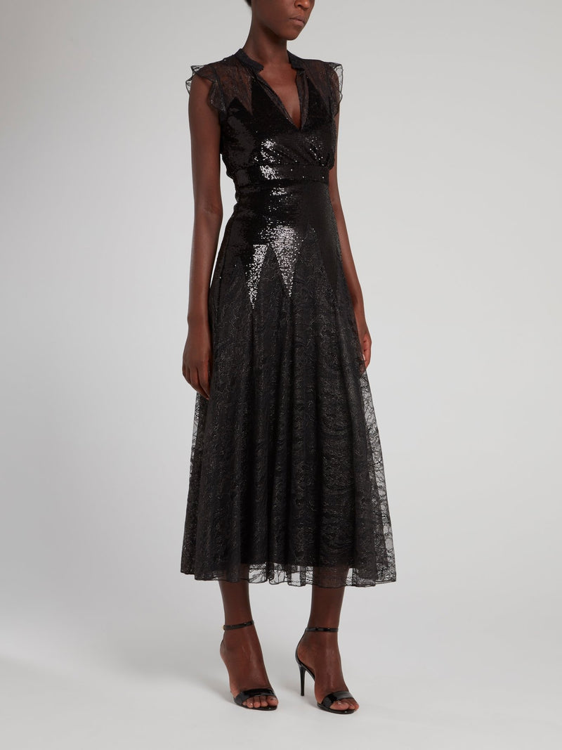 Платье-миди с металлическим эффектом, пайетками и кружевом