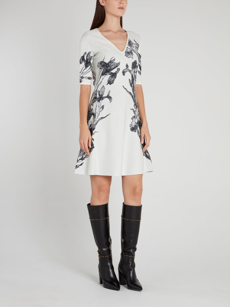 White V-Neck Floral Knit Dress