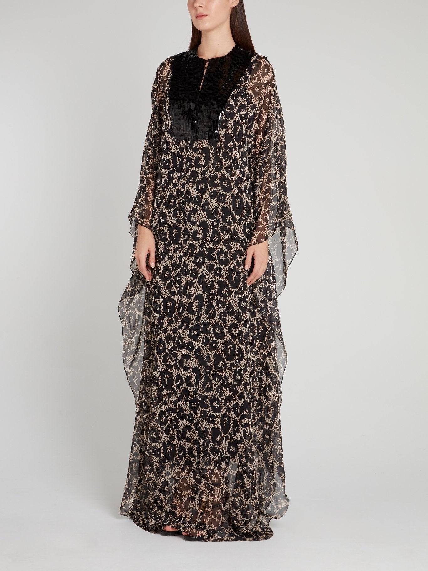 Black Sequin Neckline Leopard Maxi Dress