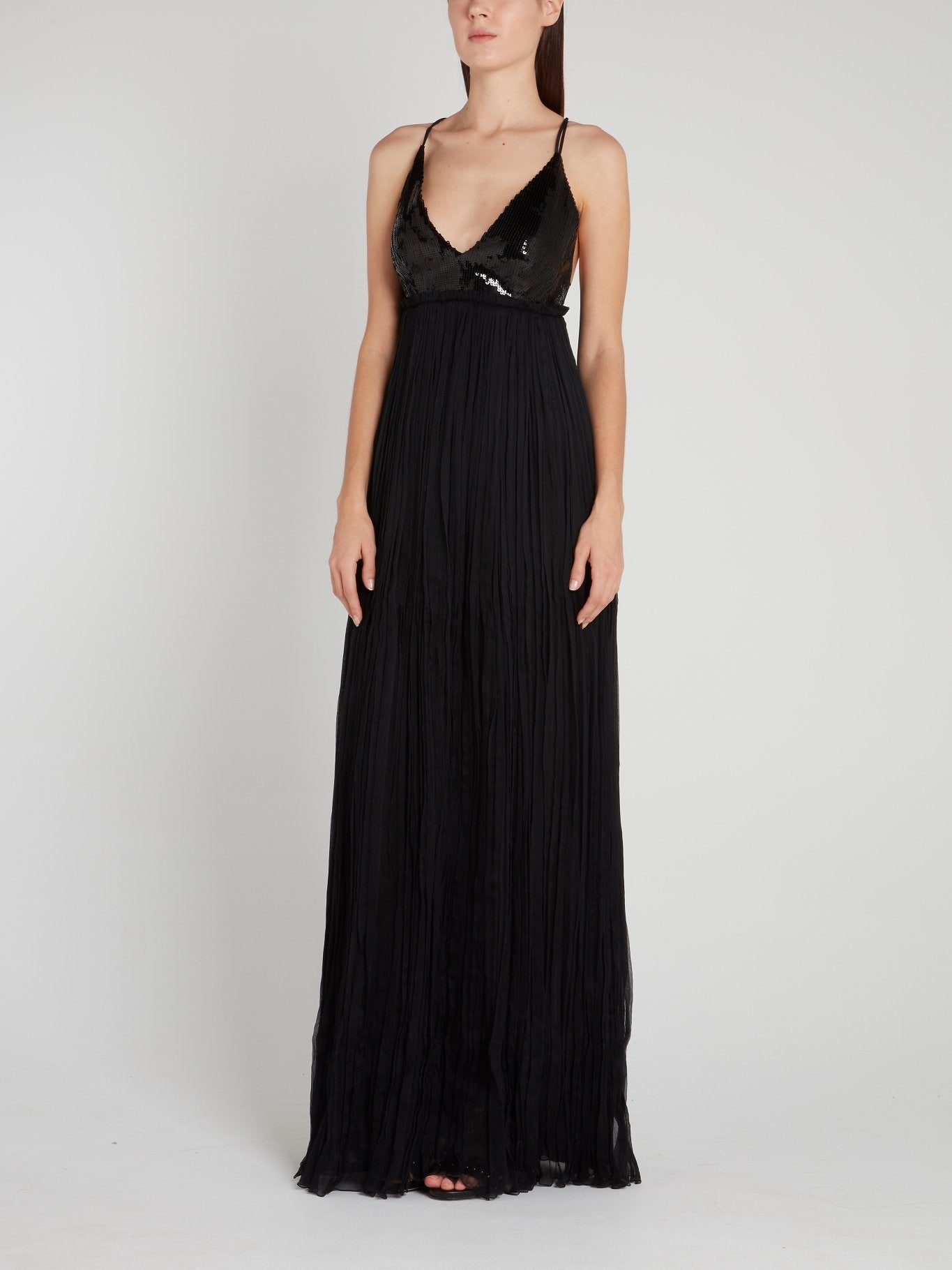 Black Sequin Bodice Pleated Maxi Dress