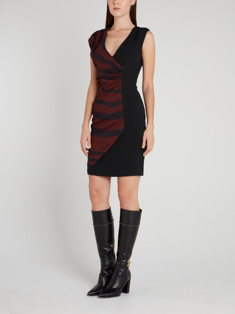 Black Stripe Panel Ruched Mini Dress