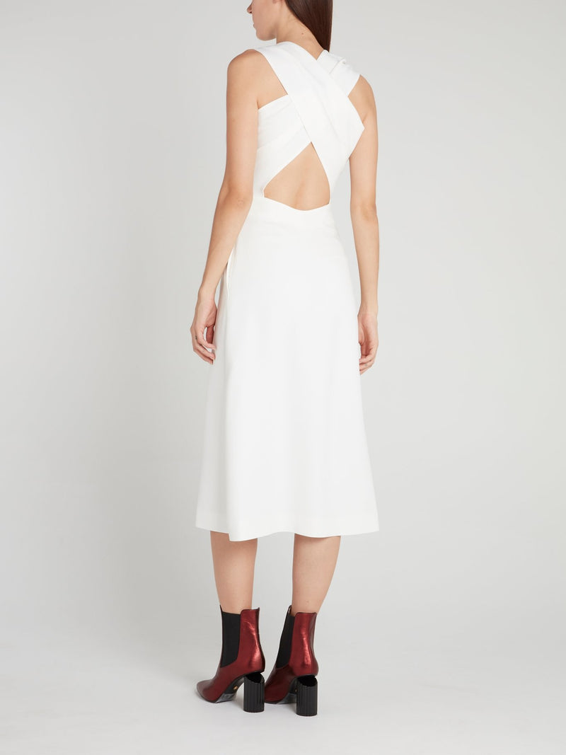 White Cut Out Pleated Midi Dress
