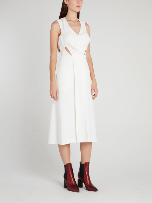 White Cut Out Pleated Midi Dress