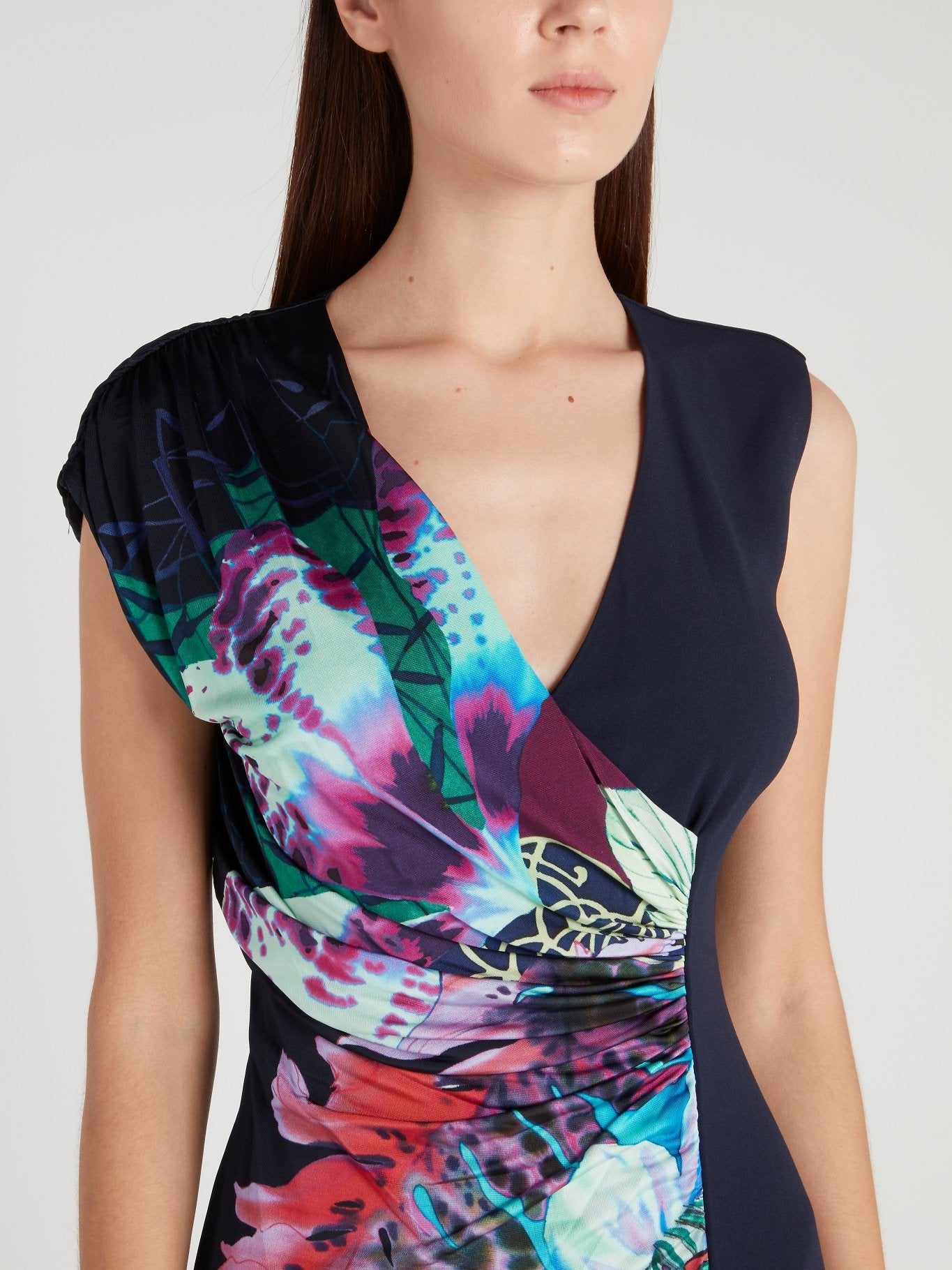 Navy Floral Panel Ruched Mini Dress