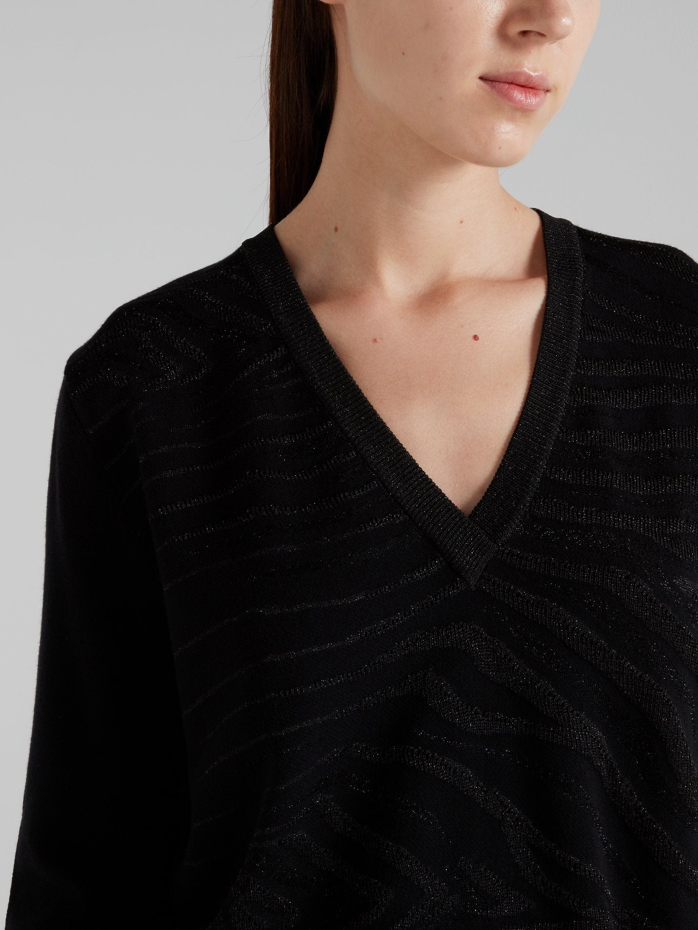 Black Glitter Fabric V-Neck Pullover