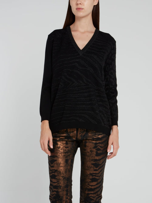 Black Glitter Fabric V-Neck Pullover