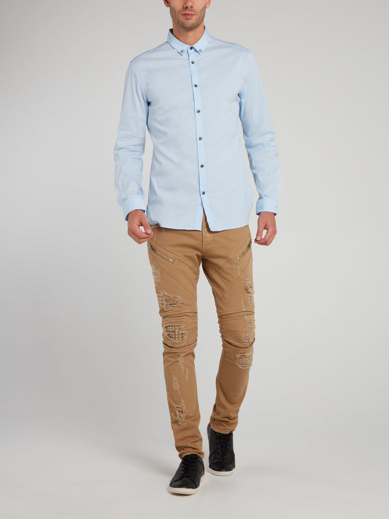 Blue Collar Tip Embellished Long Sleeve Shirt