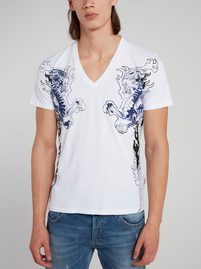 White Dragon Print V-Neck T-Shirt