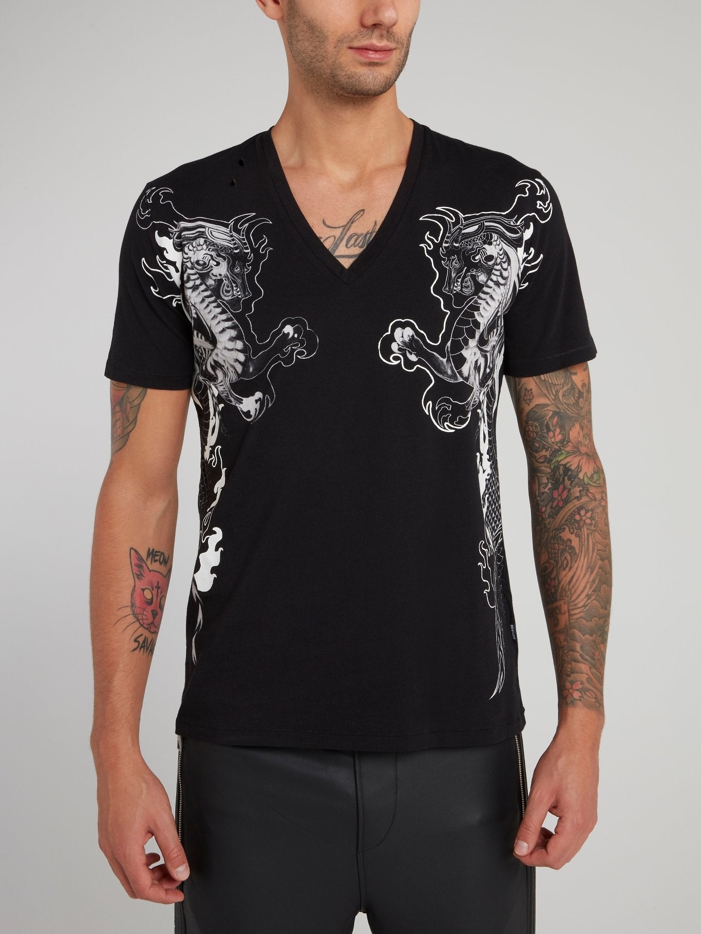 Black Dragon Print V-Neck T-Shirt