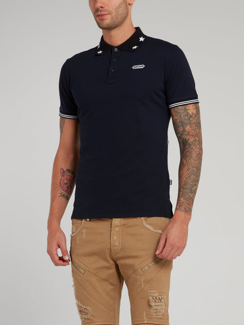 Navy Star Print Collar Polo Shirt