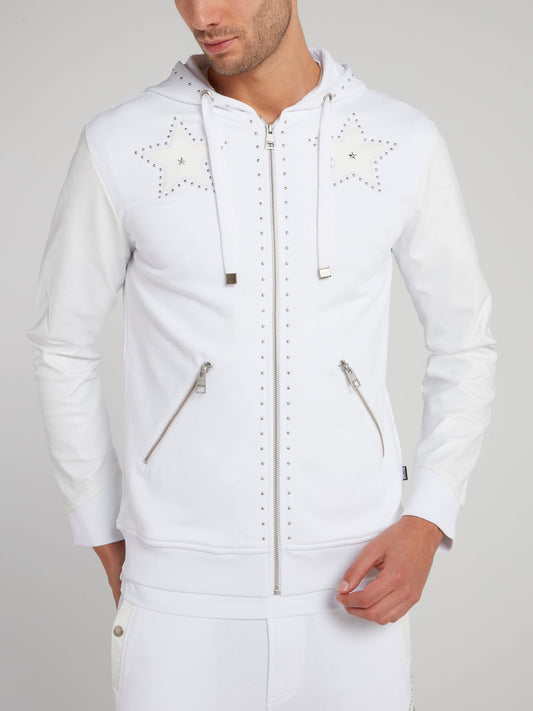 White Leather Sleeve Sweat Jacket