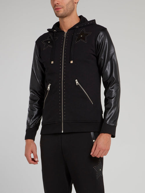 Black Leather Sleeve Sweat Jacket