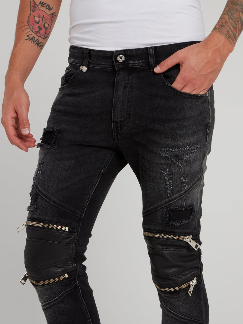 Black Zipper Embellished Distressed Pants