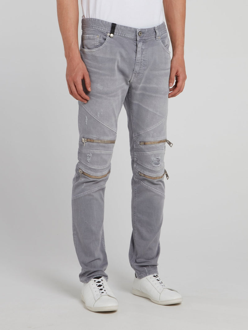 Grey Zipper Embellished Distressed Pants