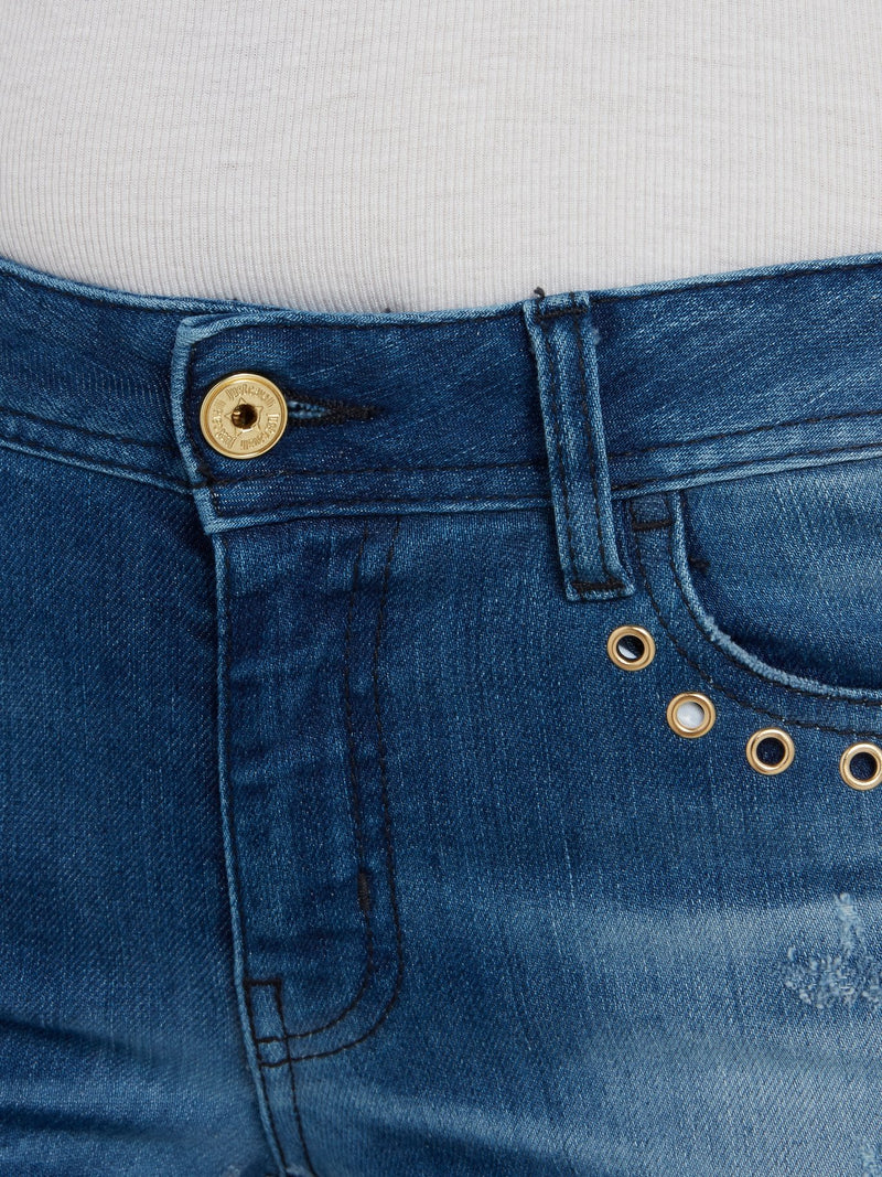 Blue Ring Embellished Denim Pants