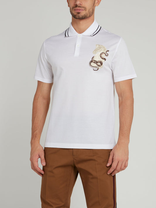 White Embroidered Woven Polo Shirt