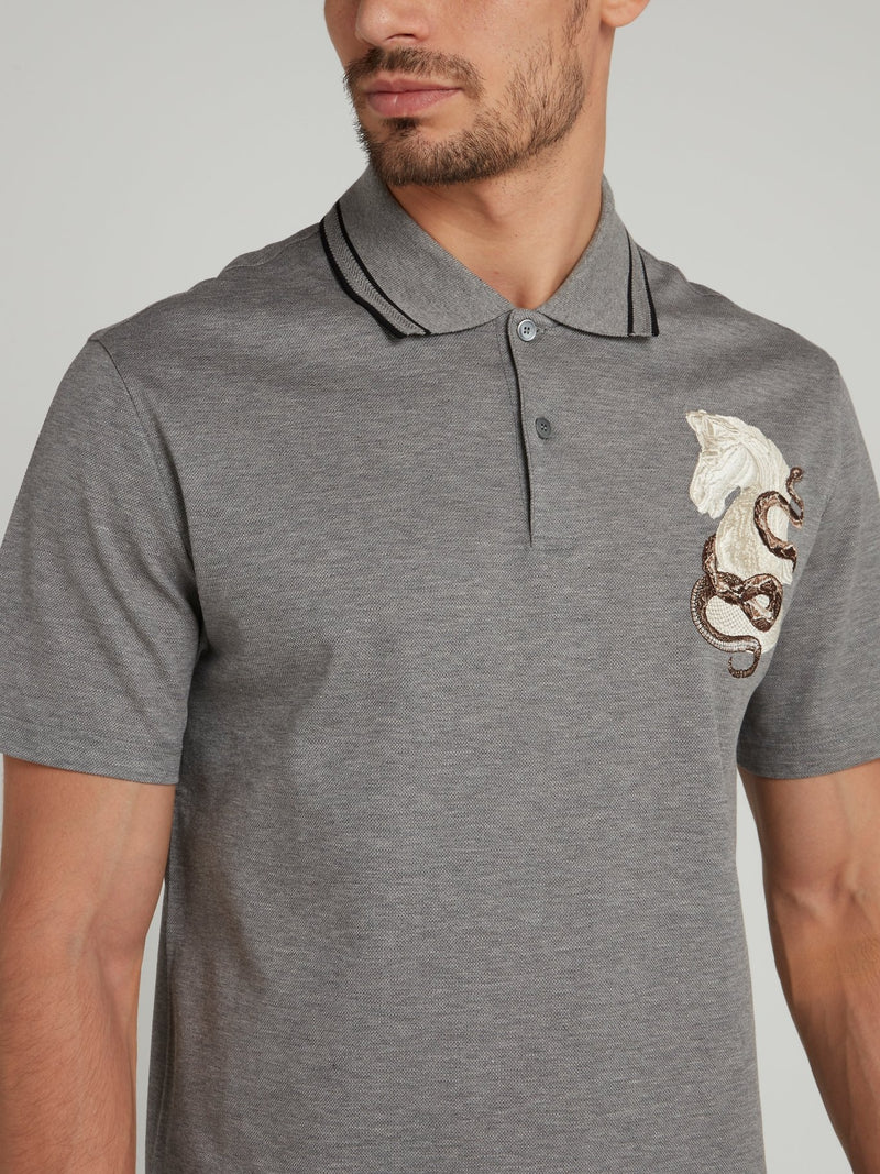Grey Embroidered Woven Polo Shirt