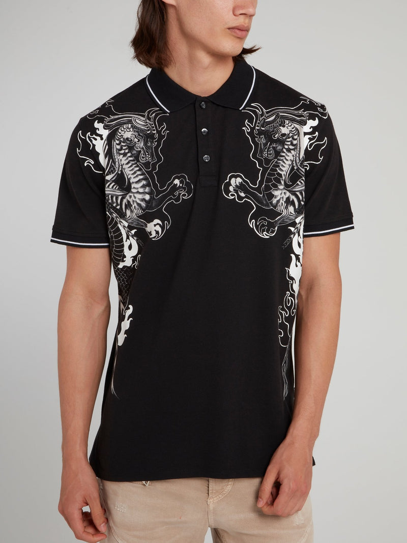 Black Dragon Print Polo Shirt